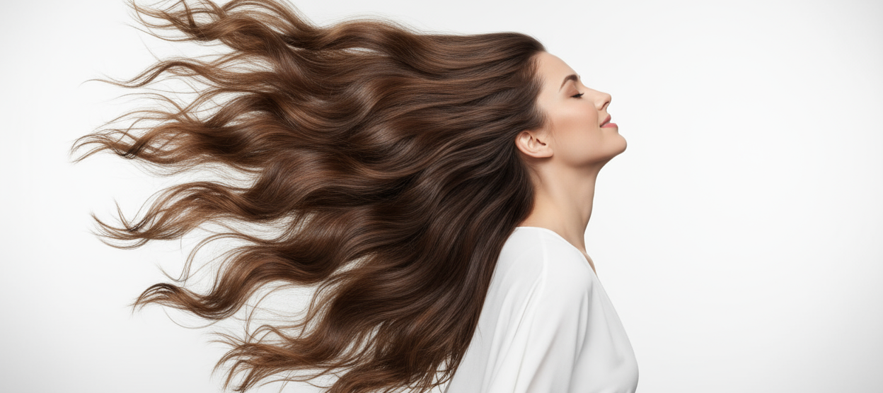 smooth healthy looking woman hair flying in the air